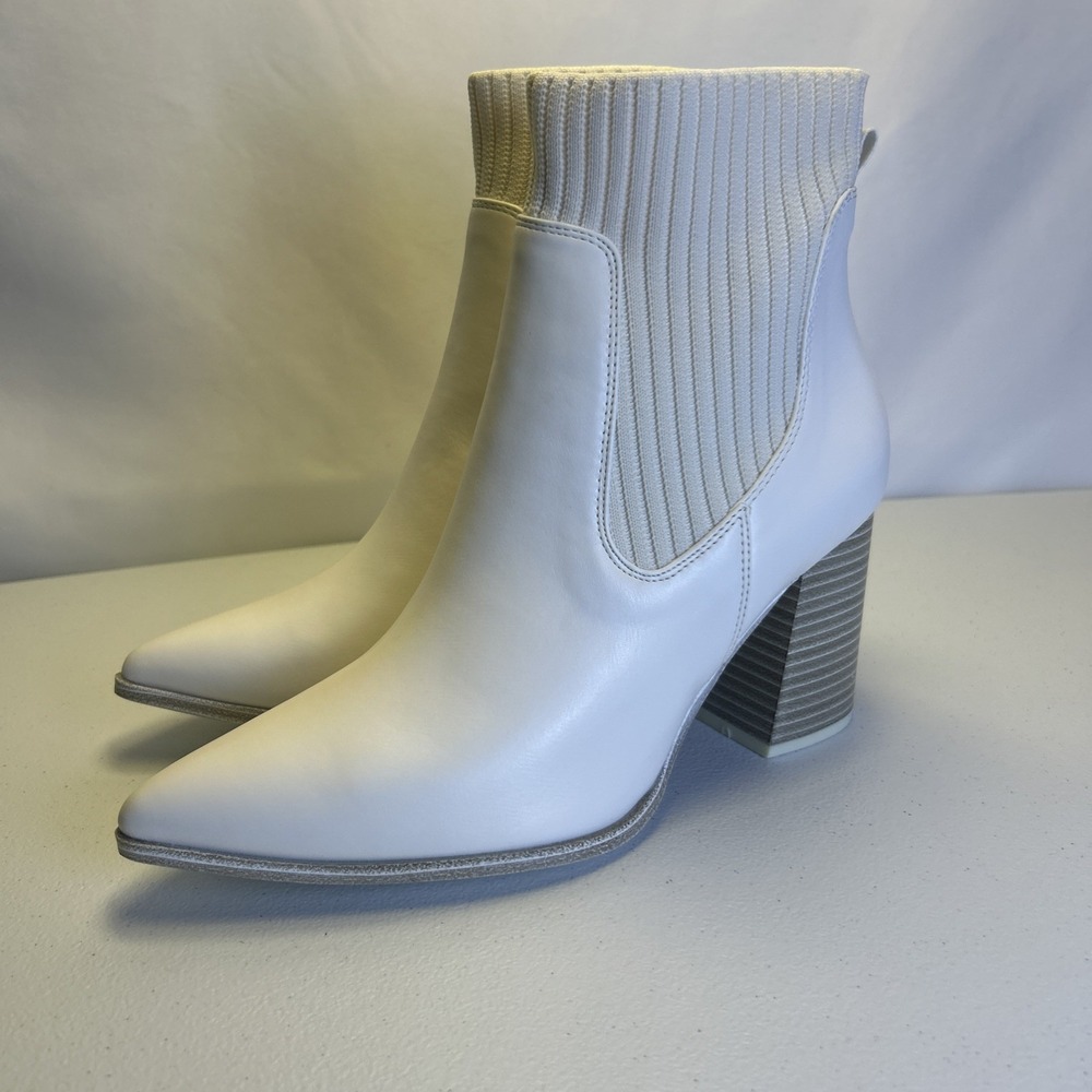 Coutgo Womens Sock Ankle Boots Size 9.5 White Pointed Toe Chunky Block Heel NIB